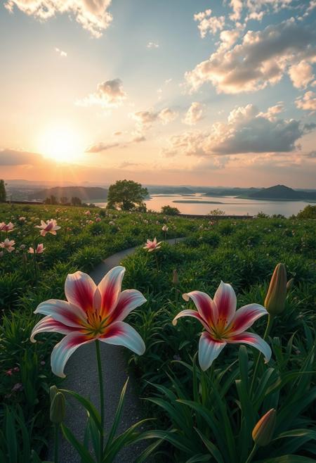 detailed background, from above,( Calm spring night landscape), amongst lush greenery, beautiful view, Flower Field, lily flower in full bloom, lily flower, early morning, sunrise sky, beautiful clouds, dappled sunlight, beautiful, Tranquil Lake, Walkway, petals dancing in the wind, depth of field, masterpiece, best quality, ultra-detailed, very aesthetic, illustration, perfect composition, intricate details, absurdres, moody lighting, wisps of light, no humans,