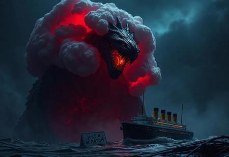 masterpiece, best quality, amazing quality, photography, perfect timing, perfect quality,16k, very detailed, highly detailed, realistic, dark horror theme, 
a giant sci-fi monster emerging from a dimm red glowing cloud in the dark night sky dwarfing a miniature toy of the titanic with a sign writing "just a scratch"