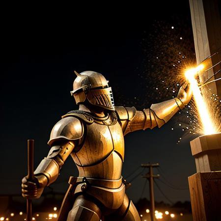 Wooden knight shooting lightning from his hands at power poles, 8k extreme detail, Outside, standing next to a metal machine, realistic, perfect, no mistakes,