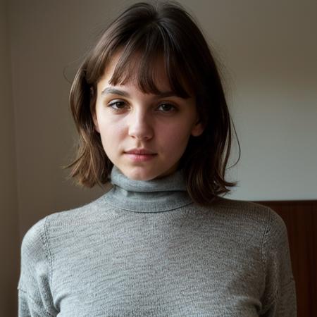 m4r14d3m1n4, head shot, portrait, from front, looking at viewer, brown hair, short hair, turtleneck sweater, <lora:m4r14d3m1n4-09:1>