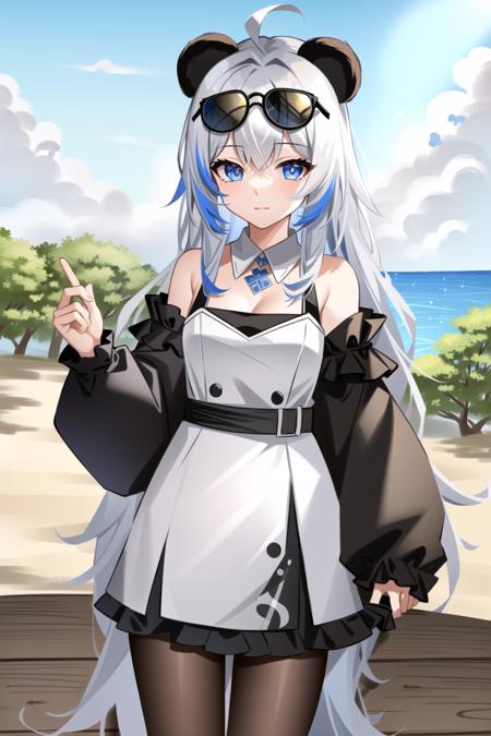 solo, (((masterpiece, best quality))) ,  <lora:Dousha1:0.9>, shadow_lee, Li Dousha, panda_ears, bangs, bare_shoulders, blue_eyes, eyewear_on_head, hair_between_eyes, long_hair,  sunglasses, very_long_hair, 1girl,