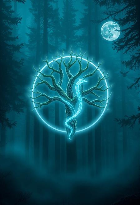 “An ethereal representation of Algiz, the rune of protection and spiritual connection. The Algiz symbol glows with a subtle white-blue aura against a backdrop of misty, dense Nordic forest. The symbol’s branches resemble ancient, weathered trees with mossy textures, glowing faintly to signify the energy of life. Around it, faint silhouettes of animals—wolves, elk, and birds—form a protective ring. The atmosphere is mystical, with hints of fog rolling through, diffusing moonlight that filters down in radiant beams, illuminating the scene. The style merges Norse mythology with a modern fantasy aesthetic, emphasizing themes of resilience, nature, and protection.”