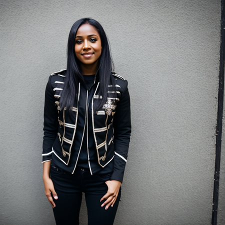 Realistic photo of an alley in a city,  woman with long black hair and dark skin wearing a blackparadejacket, black shirt, black pants, ponytail, smiling, dark-skinned female,  photograph, portrait, highly detailed, sharp focus, 4k, ultrarealistic, (focus on eyes), (looking at camera:1.2), Kodak Gold 400 film, Polaroid, hyperdetailed, insane details, intricate details, accent lighting, soft volumetric light, bokeh, (dramatic light:1.2), (neutral colors:1.3), cross process, <lora:blackparadev2:0.8>