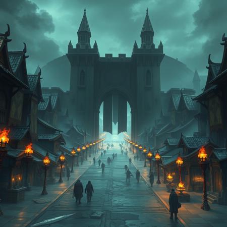 A liminal space within Orgrimmar from World of Warcraft. The grand gates of the city stand open, but the usual bustle of life is eerily absent. The towering stone walls loom high above, casting long, unnatural shadows over the empty streets. The iconic torches lining the roads flicker, but no sounds of movement or conversation echo through the once lively market.
The buildings, made of dark stone and rough wood, seem to close in on the empty pathways, their windows dark, their doorways abandoned. The air feels thick and still, as if the entire city is holding its breath, suspended in time. The wind stirs the banners but does little else, leaving the city feeling unnaturally quiet. The usually vibrant and chaotic heart of the Horde is now a ghost town, isolated and forgotten, creating a deep sense of solitude as you wander through its desolate streets.