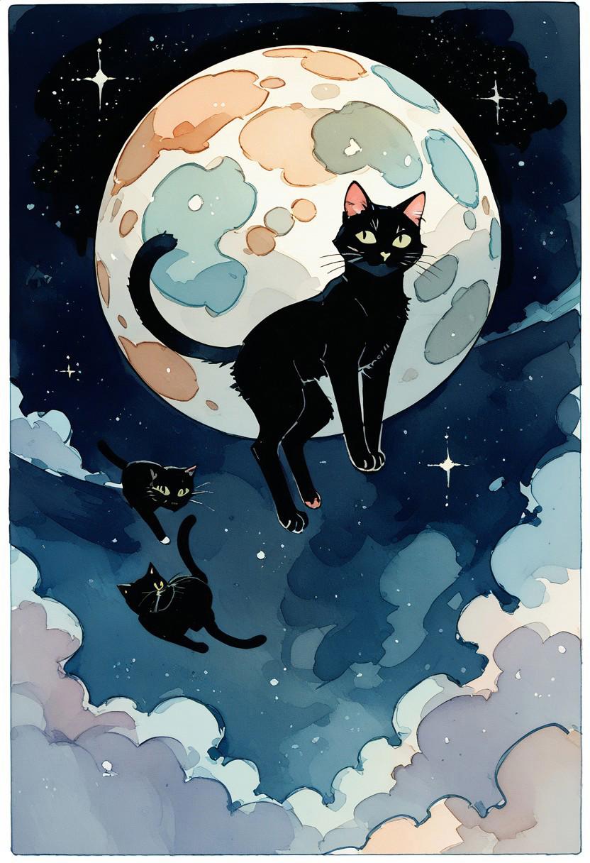 score_9, score_8_up, score_7_up, score_6_up, watercolor painting, aesthetic, a tiny black cat floating in space,black cat,((cat))