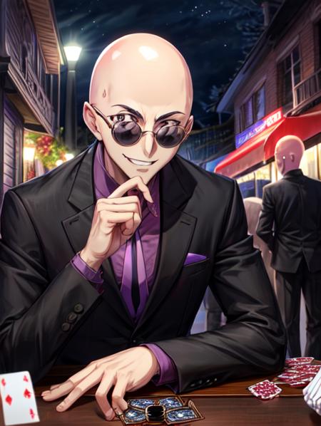 best quality, masterpiece, highres, detailed, perfect anatomy,  <lora:Detail - add_detail:0.2>,  <lora:Character - MasanoriV:0.8>, suit, jacket, necktie, purple necktie, sunglasses, graveyard, evil smile, bald, outdoors, park, night, lamp light, table, playing yugioh, playing card game, excited,