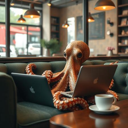 a very detailed close picture of an octopus siting on a sofa ina coffe store and working on a macbook while drinking a cofee