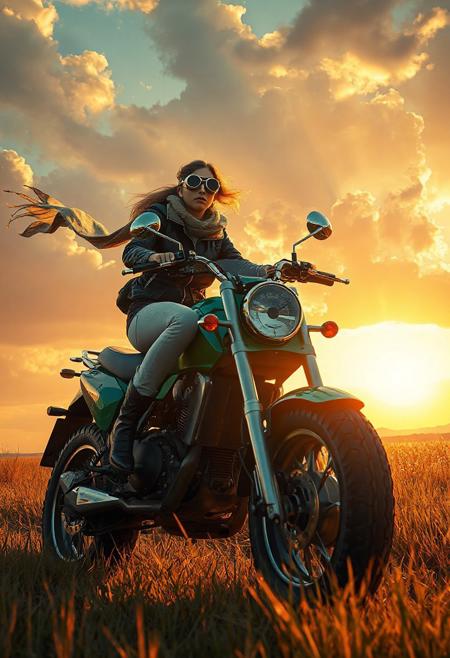 (style of Jordan Grimmer), (style of Greg Rutkowski), intricate concept art of a stylish woman on a retrofuturistic scooter, oversized wide tires, metallic chrome and teal frame, wearing vintage aviator goggles and leather flight jacket, wind-swept scarf trailing, low angle view, cinematic composition, dramatic warm lighting, glowing godrays through epic cloud-filled sky, vivid sunset palette, long grass field with golden highlights, volumetric light, highly detailed painterly brushwork, moody yet joyful atmosphere, vibrant colors, trending on ArtStation, high-detail environment, expansive cinematic scene