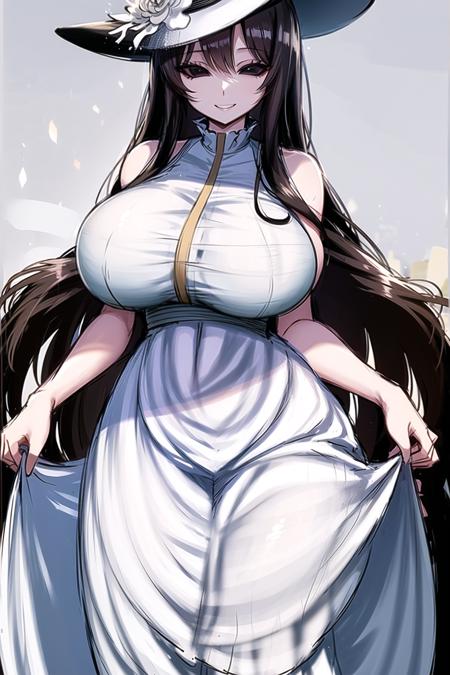 (solid eyes), hachishakusama, black eyes, smile, dress, large breasts, wide hips, tall female, white hat, white dress, night, looking at viewer, <lora:Solid Eyes V1:0.6>, <lora:hachishakuSamaLORA_v4:0.6>