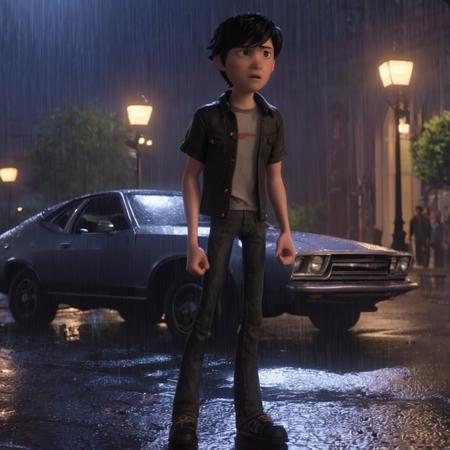 high-quality render in hwst artstyle of medium-shot of full-length full-body full-shot of a young man with short black hair wearing a tshirt and jeans standing in front of a car in a city street during a rain storm at night