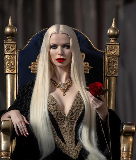 evil queen, sitting on a spiked throne,(scary makeup, bloody red lipstick, pale skin, extremely detailed black robe and adornments, blonde hair, long hair), holding a bloody skull,  dark cinematic lighting, dark fantasy background,volumetric lighting, vivid detail, vivid color, enokaeva, <lora:EnokaevaXL:1>, ((sharp face, detailed face, realistic face, naturtal skin, realistic skin, detailed skin, pores, detailed eyes,realistic eyes)),