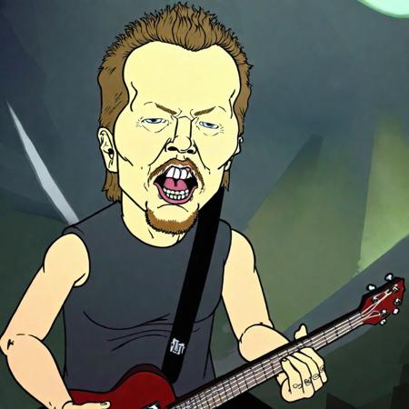 meatcanyon style, cel-shaded James Hetfield playing guitar with Metallica