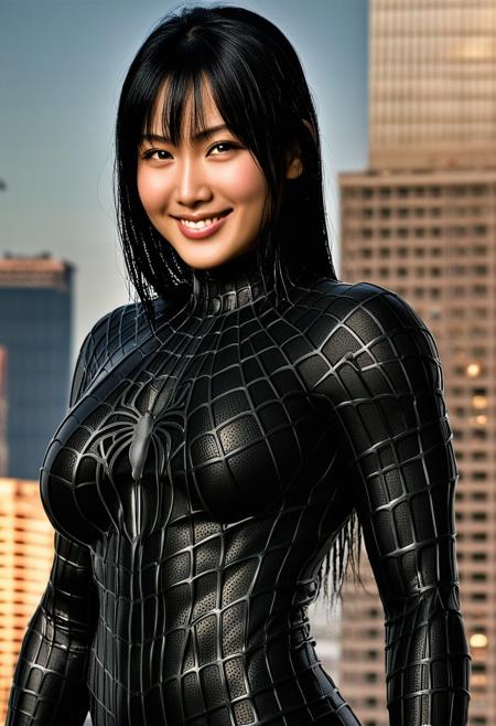 score_9, score_8_up, score_7_up, best quality, realistic, masterpiece, beautiful detail, hyperrealistic, afternoon sky, ((1girl, woman body, huge breasts)), amazing detailed full body portrait of a beautiful japanese girl, wearing a realistic and highly detailed black raimi spider-man suit, ((huge muscular girl)), professional model wears ultra - detailed black raimi spider - man suit, ultra - detailed and grained black raimi spiderman suit, suit covered entire body and hand, black spiderman gloves, wet, (black hair), (cute smile), (dirty skin), close up, octane render, highly detailed, volumetric, dramatic lighting, (highest quality:1.1), (HDR:1.3), (top quality, best quality), realistic, high definition, Expressionism - sharp focus, professional photography, masterpiece, ultra detailed photograph, high quality, 8k,