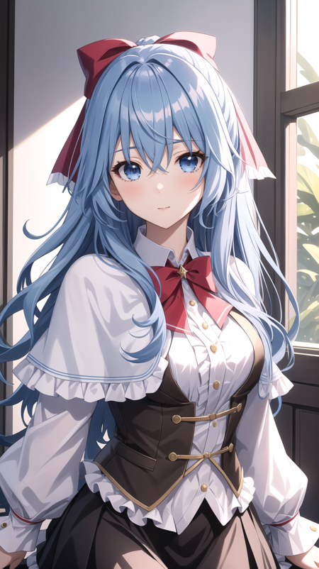 masterpiece, best quality, 1girl, liselottecretia, long hair, blue hair, blue eyes, bangs, hair between eyes, hair ribbon, white shirt, red bowtie, frills, brown vest, capelet, skirt, <lora:LiselotteCretiav1:0.8>