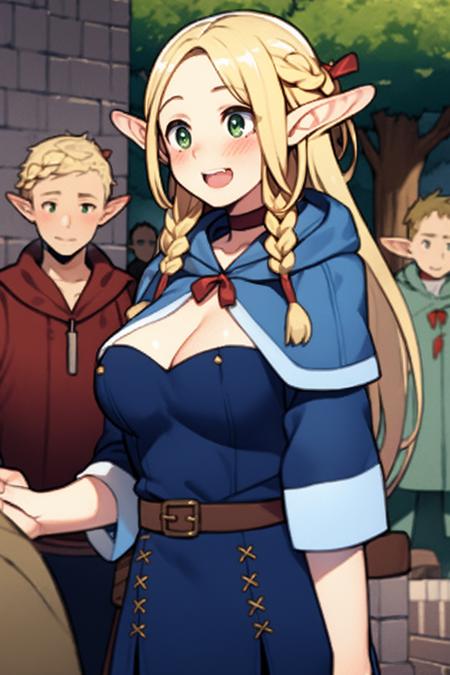 masterpiece, best quality,  <lora:marcille:1>,pointy ears, elf, green eyes, blonde hair, braid, 1girl, long hair, multiple boys, breasts, choker, smile, hood, twin braids, open mouth, hammer, blush, armor, tree, cleavage