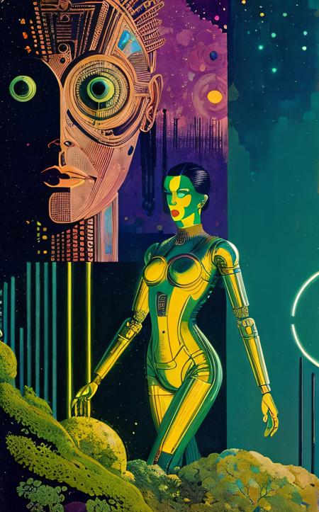 1girl, sexy, naked,(masterpiece:1.2), (A weathered android stumbles through a bioluminescent forest, their polished chrome plating reflecting the otherworldly glow of the flora, Emphasize the interplay of technology and nature, with moss growing over exposed wires and intricate circuitry peeking through broken armor, High contrast, vibrant colors, bokeh, soft focus:1.1), (art by Karel Thole:1.4), (hyperdetailed:1.1), (intricate details:1.0), (Refined details:1.1), (best quality:1.1), (high resolution:1.2)