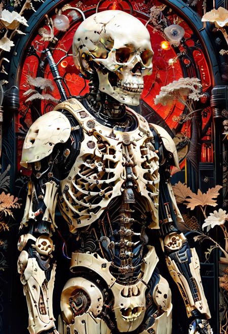 lazypos
((solo full-body portrait)), skull-faced cyborg, humanoid skeleton fused with robotic parts, carved ebony and ivory textures, intricate scrimshaw bone carvings, high fantasy and science fiction fusion, magical enchanted landscape background, glowing red and black color scheme, hyper-detailed cyborg design, exposed robot joints and mechanical limbs, glowing cables and neon lights, undead futuristic cyborg warrior, highly detailed textures, 8k resolution, cinematic lighting, dark sci-fi environment, cables wrapping body, cybernetic components throughout, cyb0rg aesthetic, fantasy-meets-tech art style