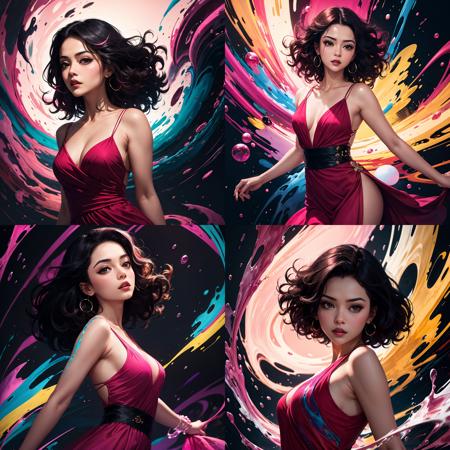 Abstract, 8K, photo shot from front, mid-body portrait, highly-detailed, girl in a fluid and dynamic pose, wearing a loose, flowing pink dress, mysterious expression, curly black hair, [Zhang Ziyi|Aishwarya Rai], in a modern and abstract setting, with bold and colorful abstract art, blurred background, bright lighting