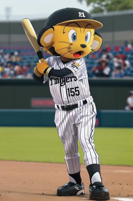 masterpiece, best quality, ultra-detailed, illustration,
tolucky, mascot, sportswear, baseball uniform, baseball bat, gloves, helmet, baseball cap, baseball, open mouth, blurry background, full body, clothes writing, stadium, striped, belt,
 <lora:tolucky_V2_1.0_MID2_ResizeDIM8:1>