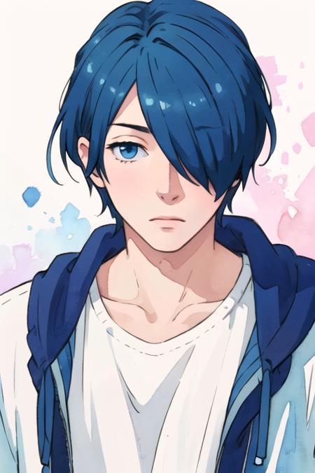 tsuyoshi_naoe blue hair blue eyes hair over one eye