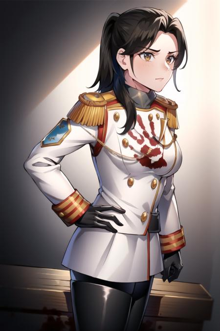 LotaraSarrin,1girl,standing,facing viewer,uniform,military uniform,jacket,brown hair,long hair,ponytail,epaulettes,long sleeves,pants,black gloves,blood,medium breasts,(in metal room)cowboy shot, <lora:LotaraSarrin:0.9>