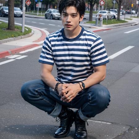 1boy,short hair,striped shirt,full body,jeans,Leather boots,<lora:haihun:0.8>