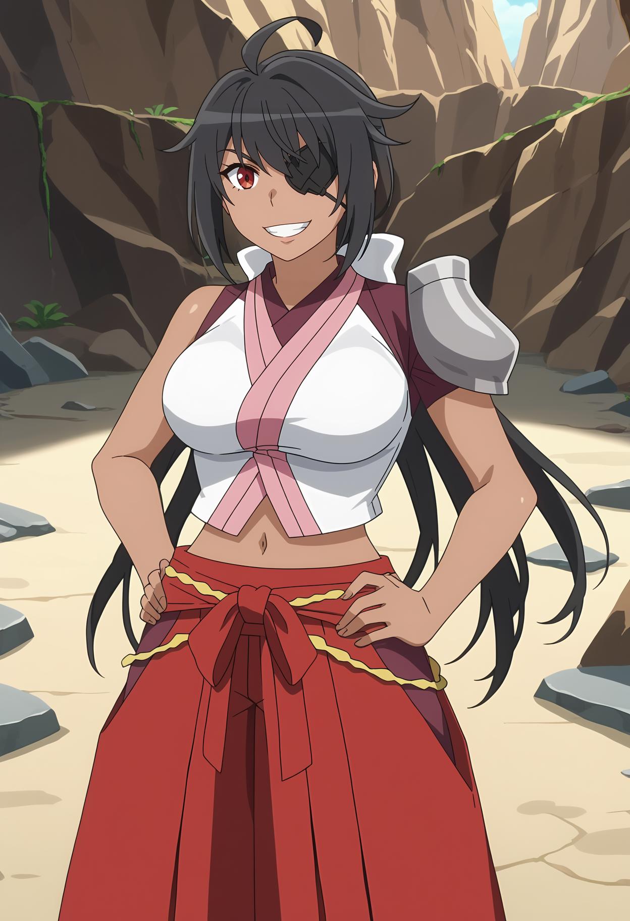 score_7_up, anime screencap,
<lora:DanMachi_TsubakiCollbrandeXL:0.9>, TsubakiCollbrande,
1girl, smile, grin,
dark skin, short hair, low ponytail, black hair, eyepatch, red eyes, ahoge, hair bow, white bow,
multicolored shirt, sleeveless, white shirt, shoulder armor, large breasts, navel, hip vent, kote, red hakama,
hands on own hips, standing, looking at viewer,
outdoors, cave, dungeon