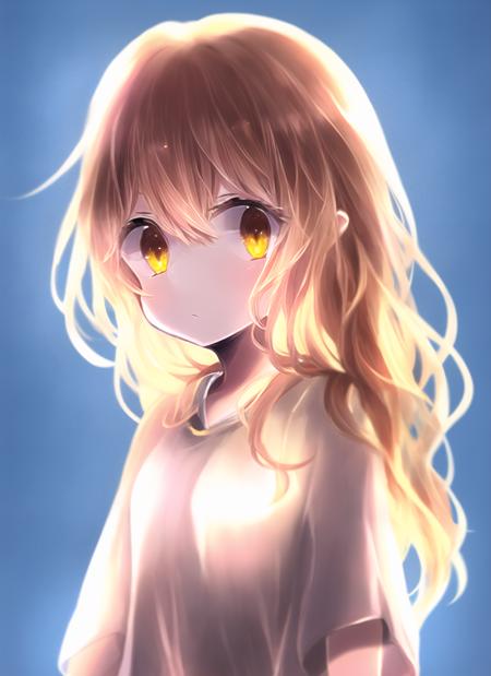 <lora:konekomari2-000035:1>, unknown, original, koneko mari, 1girl, backlighting, bangs, yellow eyes, blonde hair, simple background, white background, closed mouth, hair between eyes, long hair, looking at viewer, loose clothes, solo, tareme, tunic, wavy hair