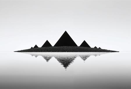 Sleek minimalistic photograph of a mountain range silhouette crafted from black polished spheres, against a pure white reflecting surface