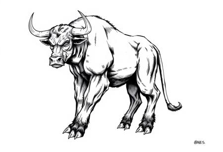 fantasy, ink art, comic style art, bull is standing with four feet, front ape's feet has 3 claws, muscular , looking at viewer, half side view