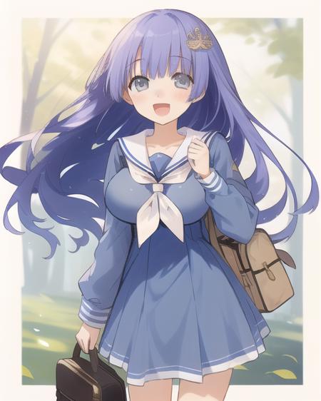 1girl,light purple hair,grey eyes,blunt bangs,hime cut,long hair,clothed big breasts,
hair ornament,smile,open mouth,bag,dress,school uniform,school bag,^_^,neckerchief,facing viewer,sailor collar,(blue dress:1.3),blue sleeves,sailor dress,long sleeves,:d,white sailor collar,standing,white neckerchief,collarbone,white cuffs,
<lora:IM:0.9>,