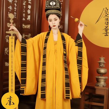 A woman in traditional Chinese attire, standing in front of an altar with incense burners, her arms not crossed but holding a talisman. She is dressed in a yellow robe with black stripes at the sleeve edges, featuring a circular symbol under the right arm. The symbol is a black circle with two lines beneath a yellow circle. She wears a black and white striped hat. Instead of a wooden sword, in her right hand she holds a talisman, made of yellow paper with red and black inscriptions, ready to be used in a ritual. Her posture and expression convey a sense of solemnity and focus, befitting a scene of spiritual significance.. <lora:dosifuku:0.85>,