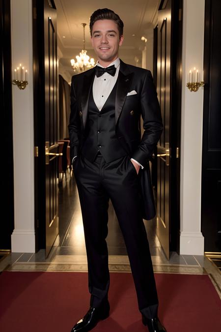 ballroom of a grand hotel, LucasKnight wearing a black tuxedo suit, smiling, masterpiece, (((full body portrait))), full body shot <lora:LucasKnight-000009:0.8>