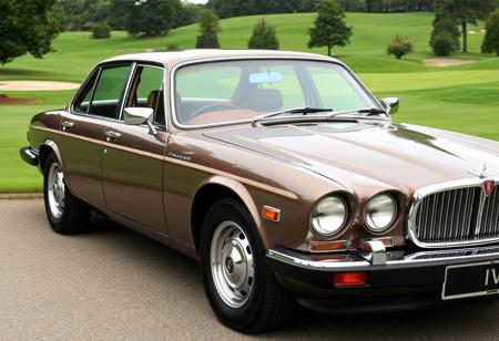 A picture of Jaguar XJ12 Series 3 four-door car in front of a golf course. Perpendicular shot from the side.