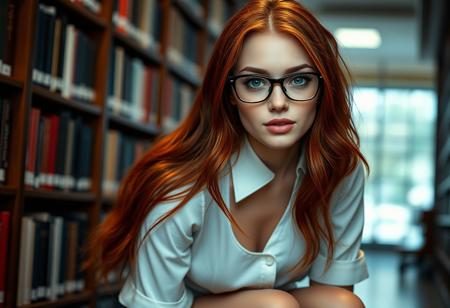 University student
hot
long red hair
beautiful
green eyes
big breasts
PAWG
seductive
glasses
short skirt
tight white blouse
full lips
cute nose
freckles
on her knees
library