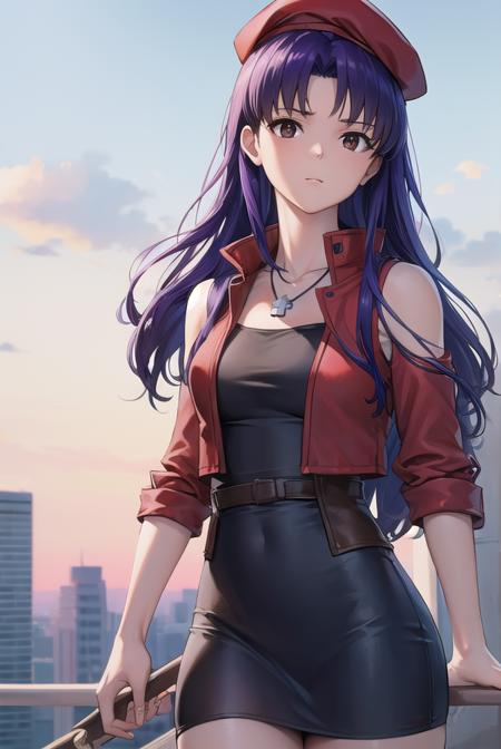 misatokatsuragi, <lora:misatokatsuragi-lora-nochekaiser:1>,
misato katsuragi, long hair, (brown eyes:1.5), blue hair, (purple hair:1.2),
BREAK hat, dress, bare shoulders, jewelry, jacket, earrings, open clothes, sleeveless, necklace, black dress, open jacket, sleeveless dress, beret, short dress, cross, red headwear, (red jacket:1.5), cross necklace,
BREAK outdoors, city,
BREAK looking at viewer, (cowboy shot:1.5),
BREAK <lyco:GoodHands-beta2:1>, (masterpiece:1.2), best quality, high resolution, unity 8k wallpaper, (illustration:0.8), (beautiful detailed eyes:1.6), extremely detailed face, perfect lighting, extremely detailed CG, (perfect hands, perfect anatomy),