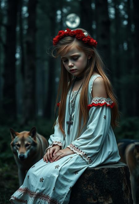 (RAW photo, 8k uhd, Analog style, Masterpiece, Best Quality, Highres:1.4), (dramatic, cinematic:1.2), BREAK,
movie shot of (cute young:1.2) girl wearing (russian:1.2) (white:1.1) (open (torn:1.1) (long:1.1) dress:1.25), (small kokoshnik headwear:1.25), (circlet:1.25), (tired pose:1.2), (messy (very long:1.1) hair:1.15), (dirty skin:1.2), (dirty clothes:1.15), (looking down:1.3), (head tilt:1.2), (surrounded by wolves:1.3), (sitting:1.3) (on stump:1.25) in (overgrown dence deep forest:1.2), ((ornate:1.15), traditional ornamented (red frills:1.1):1.1), (sad face:1.15), (cross necklace:1.1), BREAK,
(giant old trees:1.3), moon moonlight, (outdoors, fireflies:1.1), (tired:1.2), (gloomy, scary, eerie dark night:1.3), (photorealistic:1.2), (intricate details:1.3), (mysterious, fabulous, fantasy, mystical, eerie, gloomy:1.3), (desaturated, cold lighting:1.2), medieval peasant, ((russian peasant clothes, traditional russian, slavic folk art:1.1), By Andrey Shishkin:1.2), (hyperdetailed, absurdres:1.2)