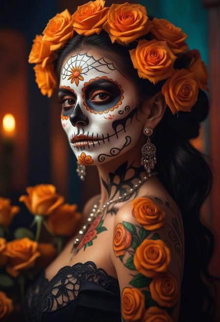A beautiful woman with sugar skull face paint, Mexican background, horror style, horror movie, dark,vibrant colors, detailed digital art style, hyper-realistic, full body portrait, detailed skin texture, high resolution, close up, focus on the intricate details of her makeup and attire, flowers in hair, wearing earrings, a lot of orange roses around, cinematic lighting, studio photography, wide angle, sharp focus, professional color grading, soft shadows, no contrast, clean sharp focus