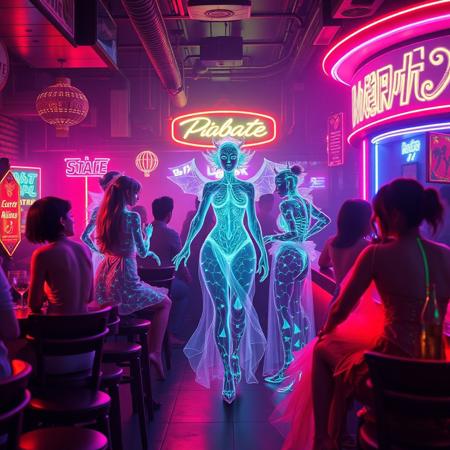 2025-04-10 23:25:32
Prompt
A vivid, cinematic strip club scene, illuminated by the pulsating neon lights that cast an ethereal glow on the bioluminescent patrons. In the center of this vibrant tableau, a stunning 32k masterpiece unfolds in a series of manga panels, each depicting a unique transformation sequence of five female Archaea and 1 Bioluminescence translucent male Kaiju. The females, with their translucent bodies revealing intricate bioluminescent veins, wear shimmering glass-like robes that seem to shatter and reassemble as they dance, each movement creating mesmerizing patterns of light. Sitting at the bar talking,
Negative Prompt
White skin, white people skin ton,
Model
Aitubo Waifu v2
Style
None
LoRA
SDXL Dragon Style
Image Dimension
832 x 1216
Seed
1491587265087659
Prompt Enhance
Off
Performance
Balance