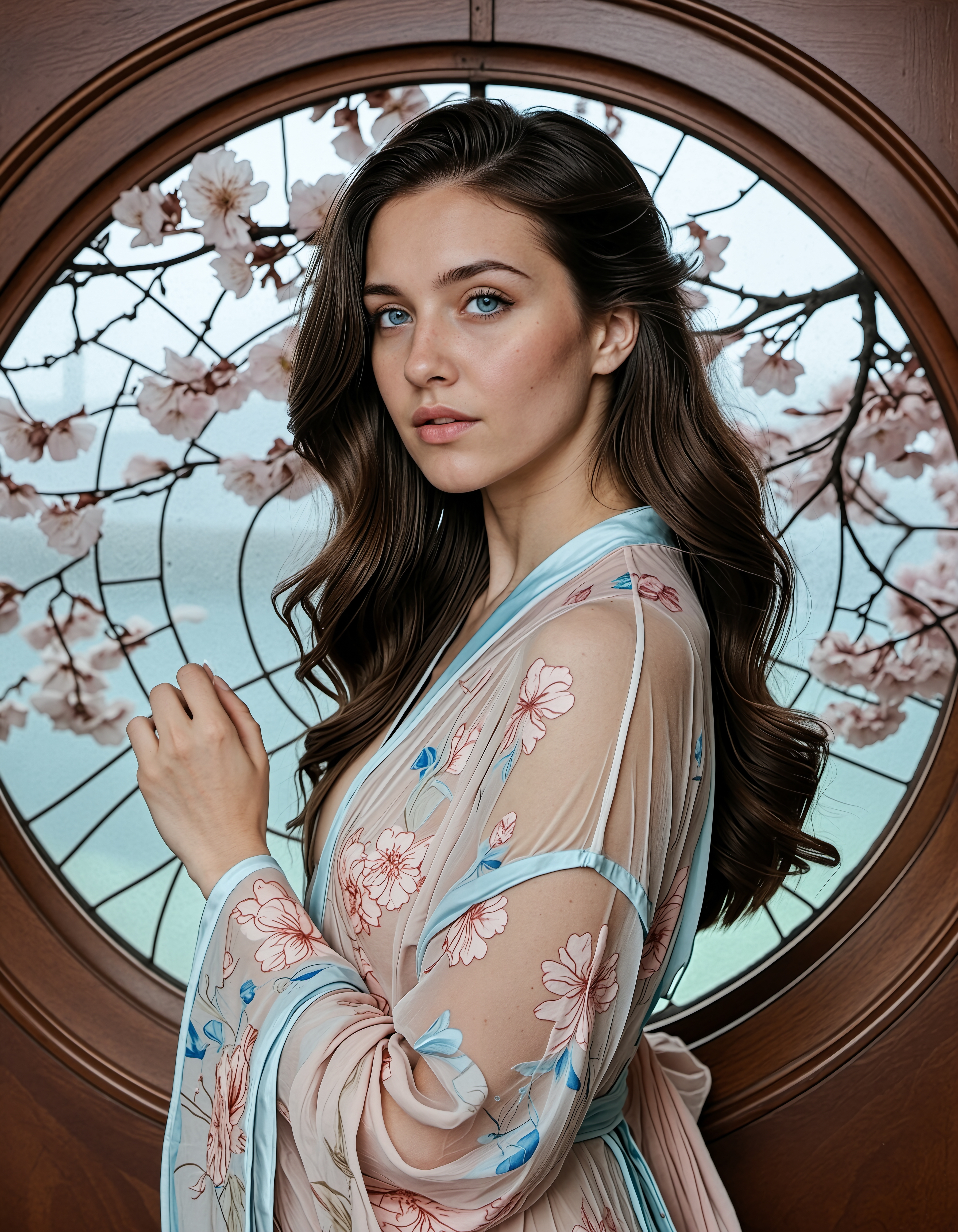 A realistic photographic portrait of a striking 25-year-old woman with dark hair and blue eyes <lora:Naomi_SDXL:0.8> ,"Window of Blossoms" A long-haired woman in semi-sheer floral robes stands framed by a circular Art Nouveau window, holding back gauzy drapes as cherry blossoms blow in; soft, pastel palette with natural light creating a gentle silhouette and botanical emphasis.,