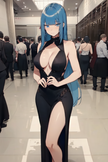 MegamiSaikouMom, 1girl, solo, long hair, blue eyes, large breasts, black dress, cleavage, bare shoulders, very long hair, blue hair, blunt bangs, side slit, alcohol, long dress, 