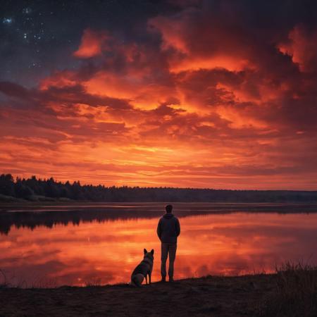▲ Close to: 
Painting of nightscape like landscape by night with sky and orange light, man and dog looking the sky, dark atmosphere, colors, 