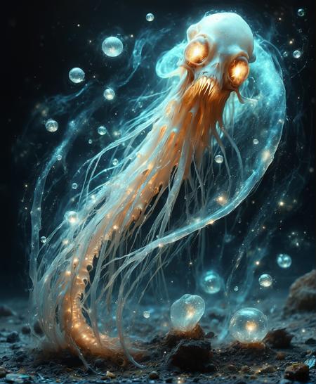 glowinglora, An divine deep-space entity with razor-sharp teeth and iridescent scales glides with serene elegance through liquid space.  Its long, luminescent tentacles spiral outwards, gracefully ensnaring translucent, bioluminescent beings in a delicate, mesmerizing capture. The scene is bathed in soft, otherworldly glows, emphasizing the creature's majestic, haunting presence against the infinite cosmic abyss. <lora:glowing_and_light_particles_sd3.5-000010:0.7500000000000001>