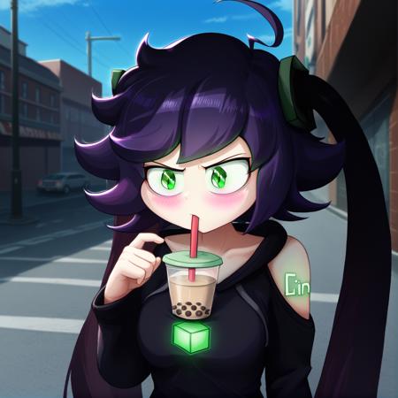 IC0n  purple hair, twin tails, ahoge, green eyes, black hoodie, open shoulders, black tighhighs, black boots, glowing green cube on chest, glowing green tattoos on shoulders