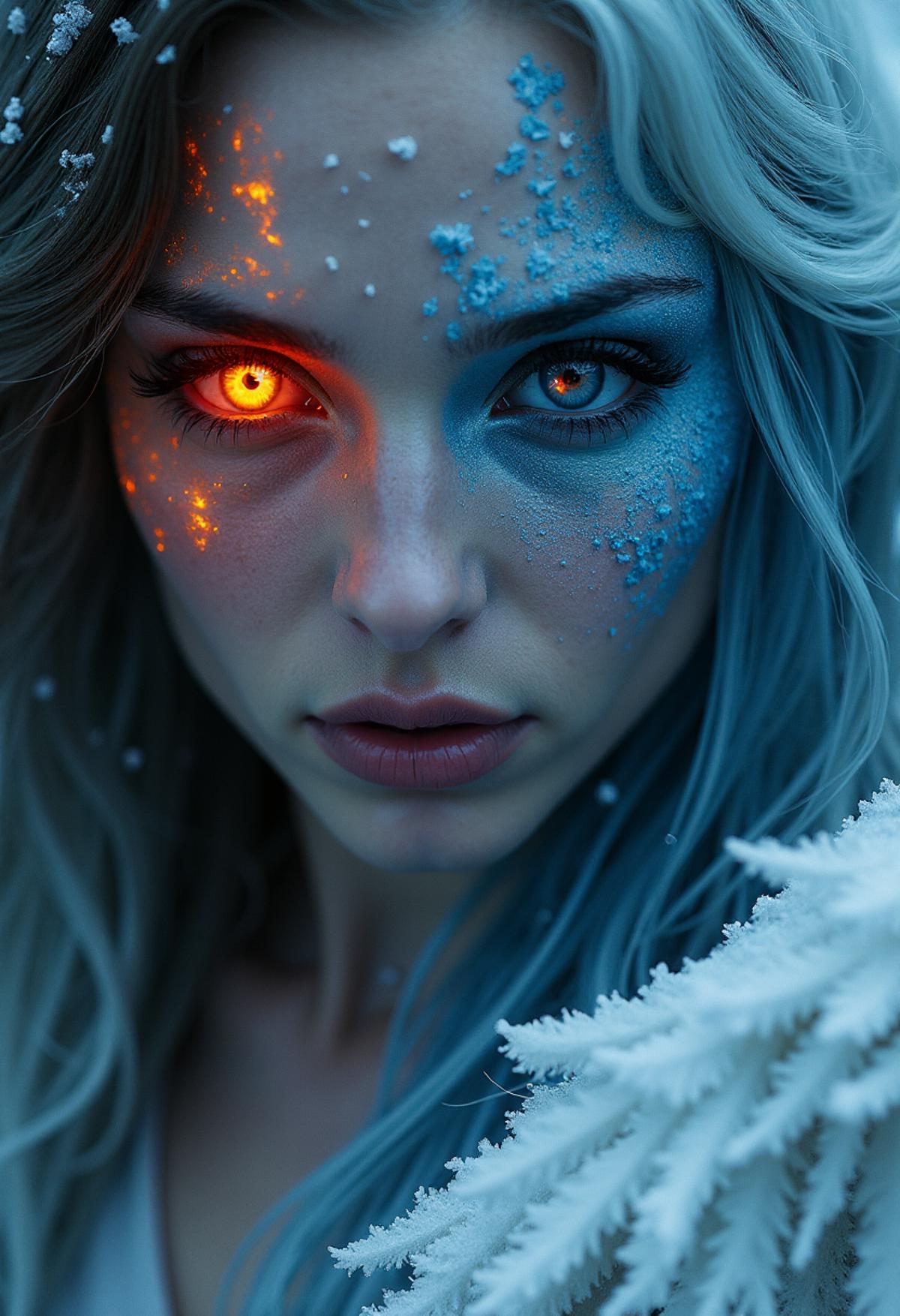 Misty Valley, a close-up of a mysterious female entity, one half of her body and face is beautiful fire goddess angelic appearance, red eyes, flaming hair, the other half of her body and face is frozen, blue icy skin, glowing eye and hair are freezing from cold, cold breath, on her back are wings corresponding to each part of the body. cold atmosphere, cinematic, masterpiece, clear focus.