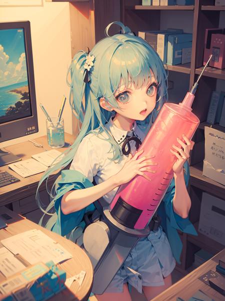 large syringe,holding syringe, masterpiece,1girl,cute