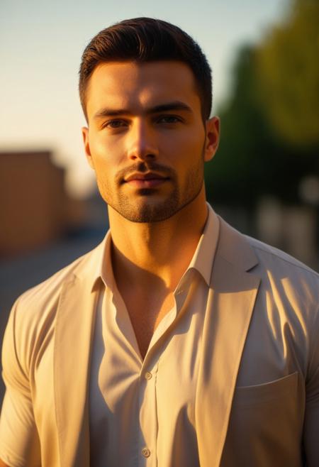 Handsome, Buff man, score_9, score_8_up, score_8, score_7_up,  volumetric lighting, (depth of field, bokeh), vibrant, vibrant colors, shadows, extremely detailed, naturalism, realism, realistic, real life, photorealistic, detailed, realistic textures, light stubble, deep pec cleavage, open shirt, golden hour, sweaty, vascular,