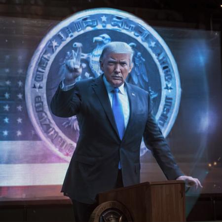 For a realistic holographic image of Donald Trump making a policy announcement, the prompt could be: 'A highly realistic, three-dimensional holographic representation of Donald Trump, depicted as delivering a policy speech. He stands confidently at a podium with the presidential seal, his expression serious and commanding. The background is a well-lit stage with American flags. The image captures the lifelike details of his suit, tie, and hair, with a focused gaze and hand gestures that emphasize key points in his speech. The holographic effect adds a futuristic, shimmering quality, making the scene appear as if it's being projected in mid-air., <lora:blue_ar:0.9>