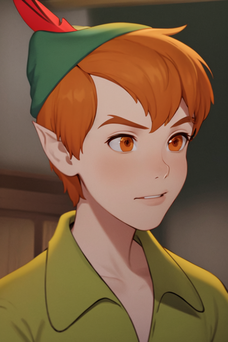 masterpiece, best quality, 1boy, peter pan, solo, closeup, short hair, orange hair, green collared shirt, short sleeves, hat feather, male focus, pointy ears, <lora:PeterPan:1>