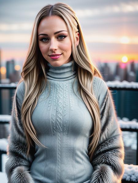 beautiful woman (1ucyc4t:.99), beautiful hair, winter New York, elegant, snowing, natural skin texture, (fashionable fur coat), (((turtleneck))), sunset, cute smile, 24mm, 4k textures, soft cinematic light, adobe lightroom, photolab, hdr, intricate, elegant, highly detailed, sharp focus, ((((cinematic look)))), soothing tones, insane details, intricate details, hyperdetailed, low contrast, soft cinematic light, exposure blend, hdr, faded, <lora:more_details:.6>, <lora:wowifierV3:.6>